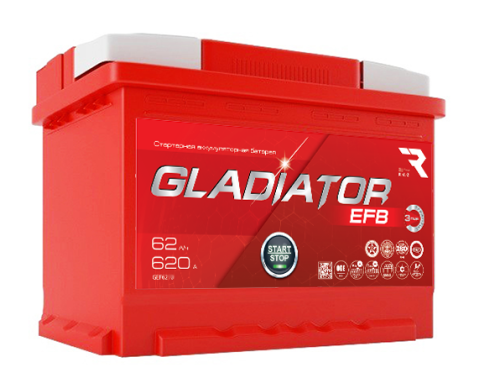 Аккумулятор GLADIATOR EFB 62Ah 620А (Start-Stop) пр. пол (+ -) 242х175х190