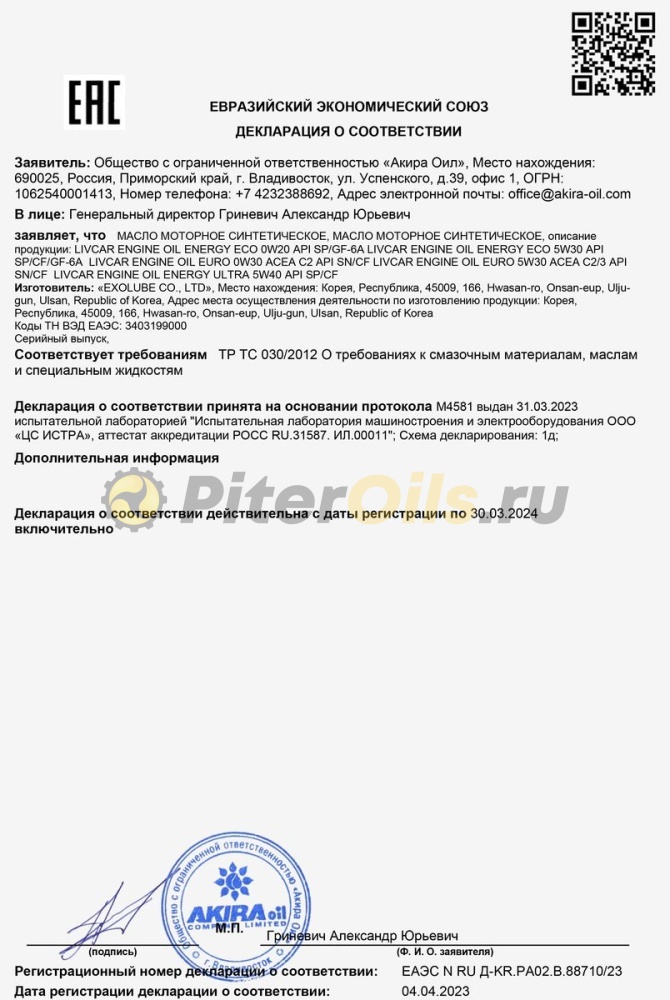 LIVCAR ENGINE OIL ENERGY ECO 0W20 API SP/GF-6A (1л) LC1550020001