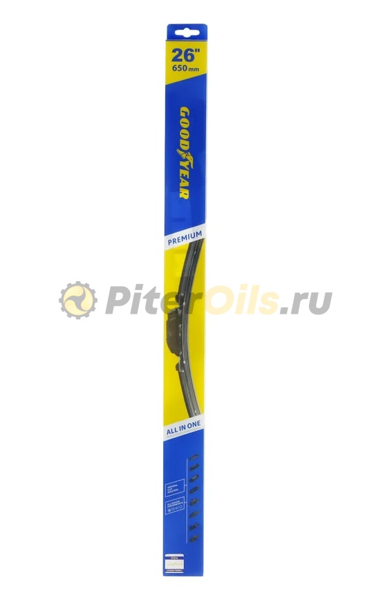 Бескаркасная щетка стеклоочистителя Goodyear PREMIUM 26"/65 cm всесезонная, 9 переходников GY000446