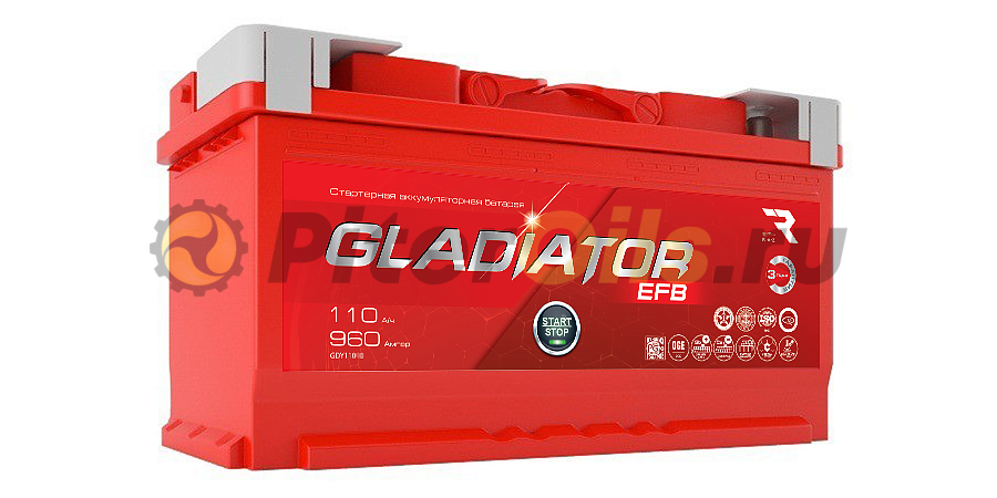 Аккумулятор GLADIATOR EFB 110Ah 960А (Start-Stop) об. пол (- +) 353x175x190