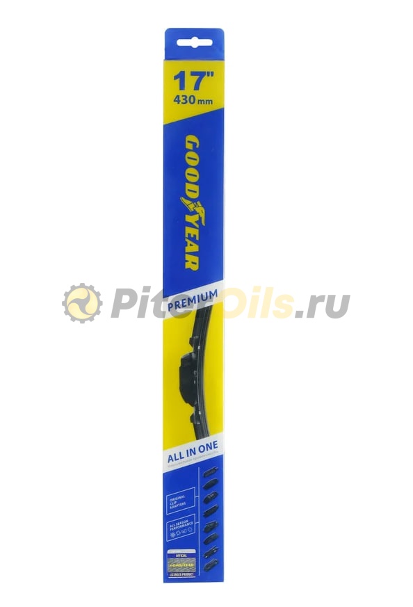 Бескаркасная щетка стеклоочистителя Goodyear PREMIUM 17"/43 cm всесезонная, 9 переходников GY000437