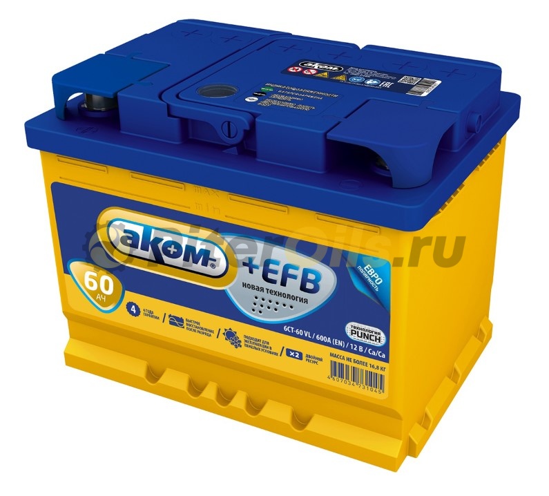 Аккумулятор АКОМ EFB 60 А/ч обратный R+ 242x175x190 L2 EN 600А 6CT-60.0 