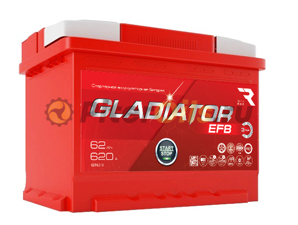 Аккумулятор GLADIATOR EFB 62Ah 620А (Start-Stop) об. пол (- +) 242х175х190