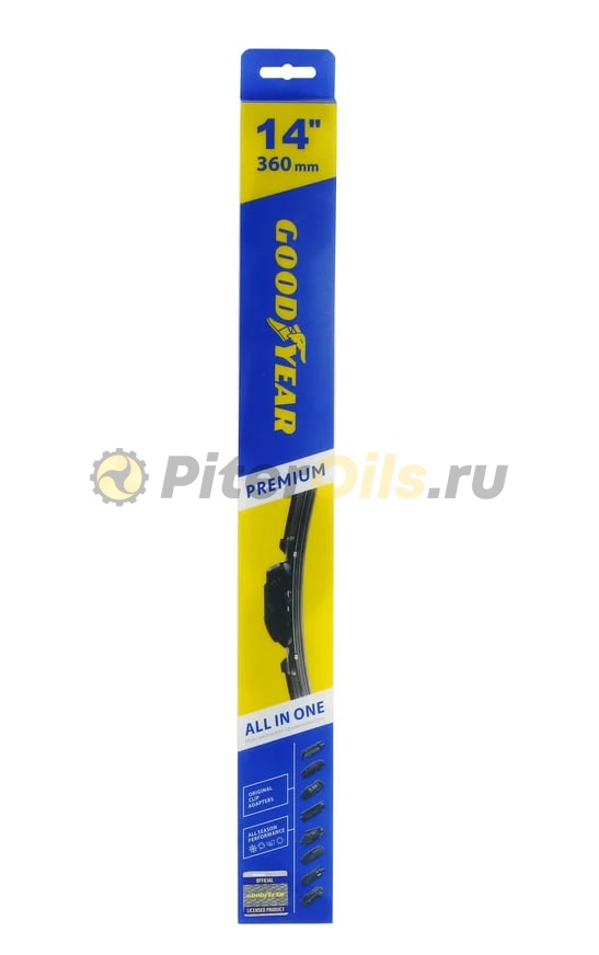 Бескаркасная щетка стеклоочистителя Goodyear PREMIUM 14"/36 cm всесезонная, 9 переходников GY000434