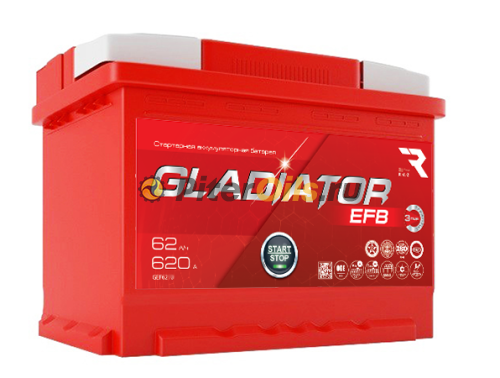 Аккумулятор GLADIATOR EFB 62Ah 620А (Start-Stop) об. пол (- +) 242х175х190