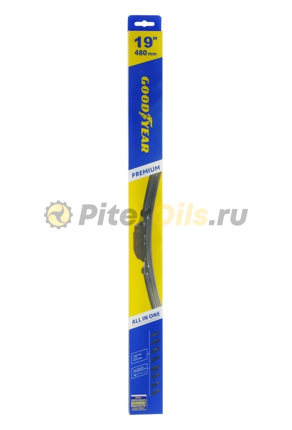 Бескаркасная щетка стеклоочистителя Goodyear PREMIUM 19"/48 cm всесезонная, 9 переходников GY000439